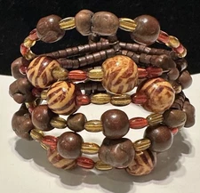 Beaded Statement Cuff Arm Wrap Bracelet Boho Wood Brown Tiger Animal  Print