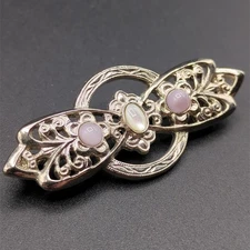 Brooch Pin Vintage Victorian Revival Scrollwork Bar Silver Tone Pink White Cute