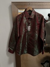 Barry Wang Silk Blend Button Up Formal Dress Shirt Red Green Paisley Mens Sz M