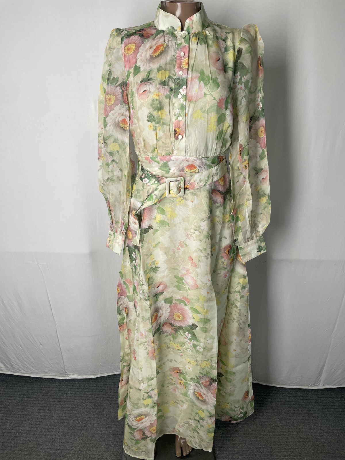 byTiMo Women Maxi Dress Green/Multi Size XS Organza Belted Floral Blouson Sleeve