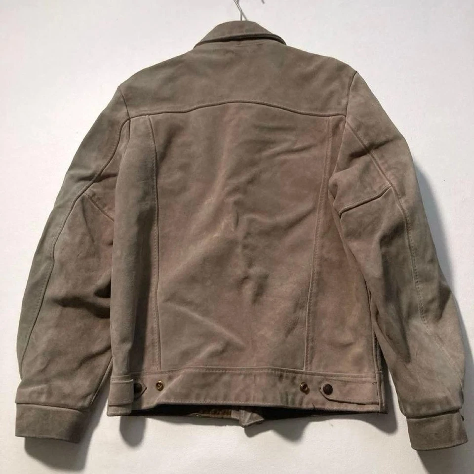 Schott Suede Leather Trucker Jacket Size 38 Khaki Brown Button USA Fashion Used - Image 4 of 4