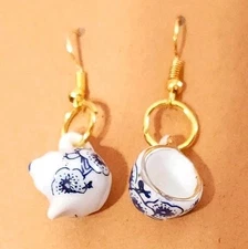 Teaot And Cup Earrings Ceramic Porcelain Pottery Asymmetric Gold Hook Dangle 