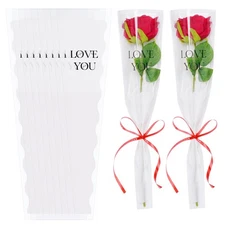 50 Pcs White Single Rose Sleeve Flower Bouquet Bags for Wedding Valentine's