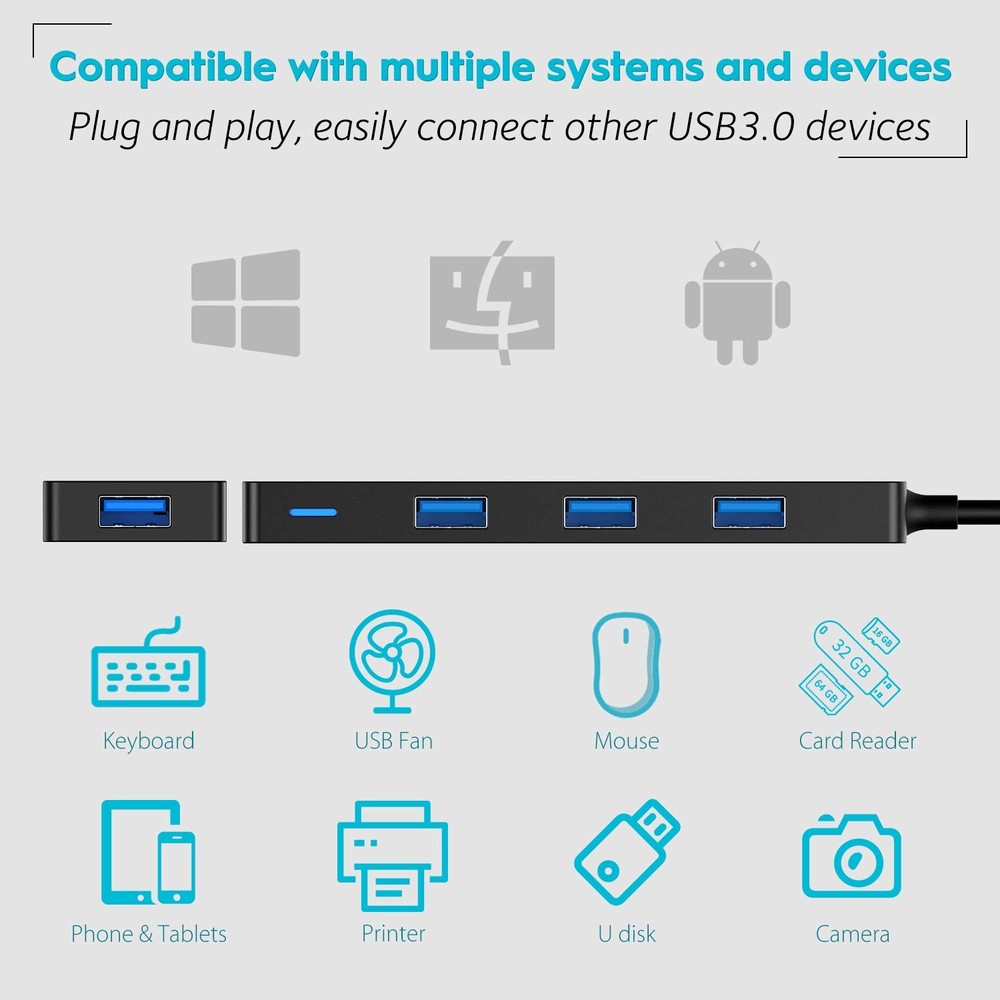 4-Port USB 3.0 Hub with 4ft Extension Cable - Ultra-Slim Design