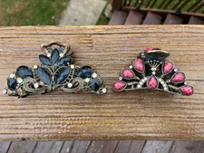 Vintage Lot of 2 Large Metal Claw Hair Clips, Peacock , Crystals and Rhinestones