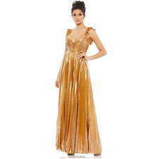 Ieena for Mac Duggal Gold Metallic Pleated V-Neck Ruffle Gown Dress NEW