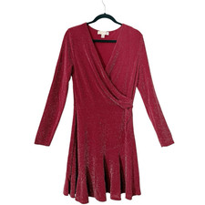 Michael Kors Burgundy Metallic V neck Faux Wrap Flounce Party Dress Size Large