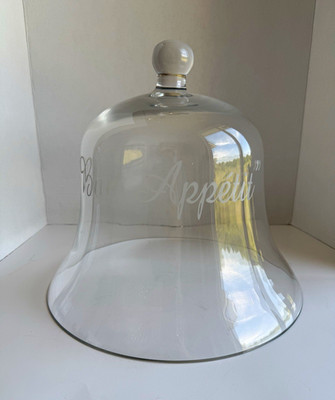 Clear Glass Cloche Dome ''Bon Appetit'' Decorative Cover 10'' Tall 12'' Dia