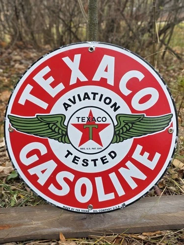 VINTAGE TEXACO AVIATION GASOLINE PORCELAIN METAL GAS STATION PUMP SIGN. Apx 12"