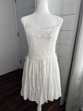 Raga Dress Womens Medium White Embroidered Bohemian Tassel Mini Peasant Prairie