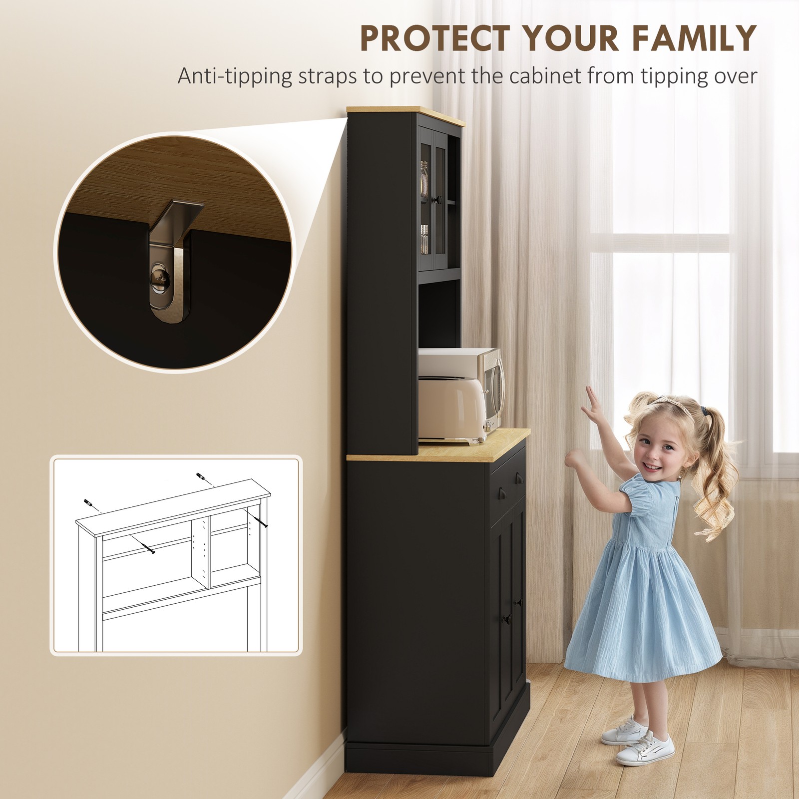 Kitchen Cabinet with Microwave Stand, 71" Pantry Cabinet, Black