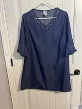 #3869. Naif Sheath Dress V Neck Chambray Grommet Bell Sleeve Blue Dress. Size L