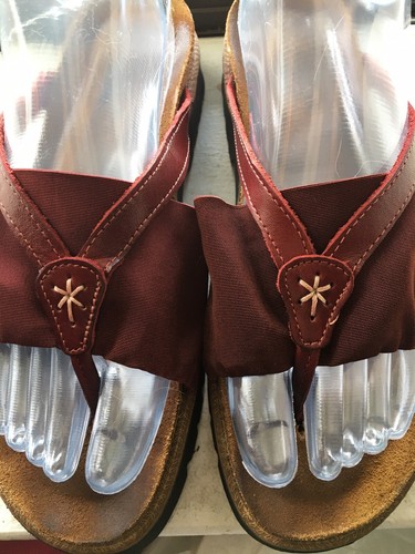 Naot 9 Red Wine Sandals Leather Nylon Straps Thong Comfort Lounge Cute Boho Flat - Picture 3 of 9
