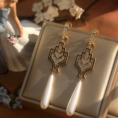 Boucles D'oreilles Clip Longues Pendantes Doré CZ Art Déco - Neuf Sans Emballage - Fait Main Unique