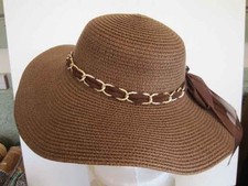 Ladies Wide 5" Floppy Brim Dk Brown Hat colorful band Woven Polyester