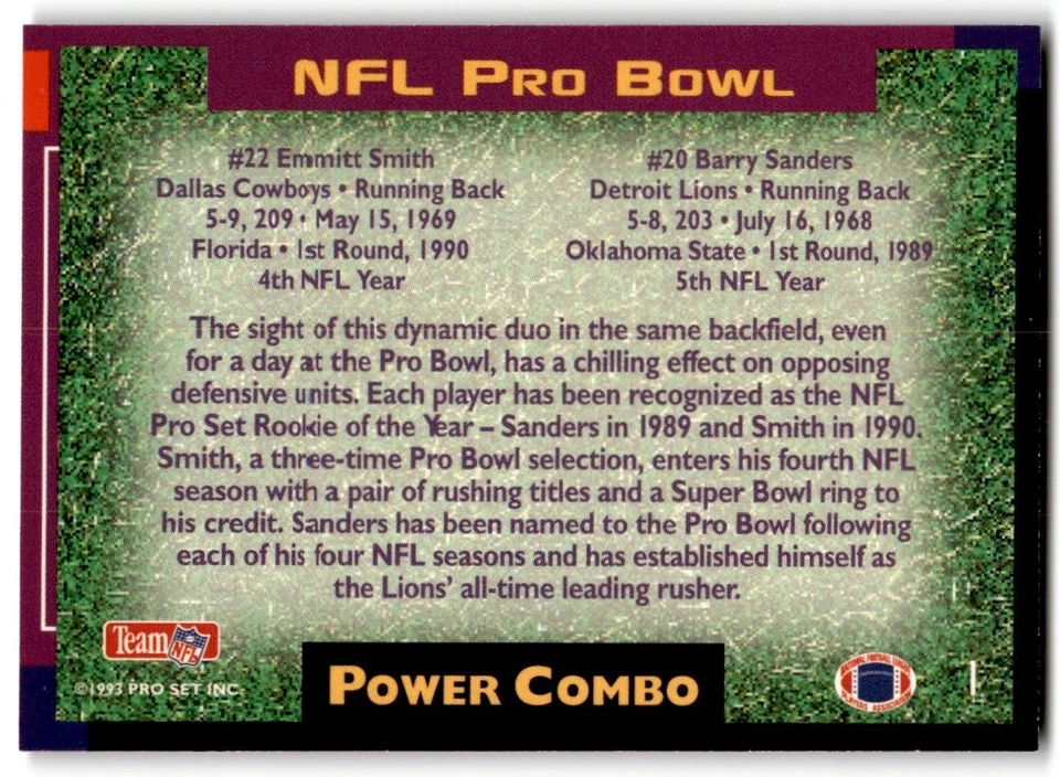 1993 Pro Set Power Combos Emmitt Smith/Barry Sanders #1 Dallas Cowboys/Detroit - Image 2 of 2