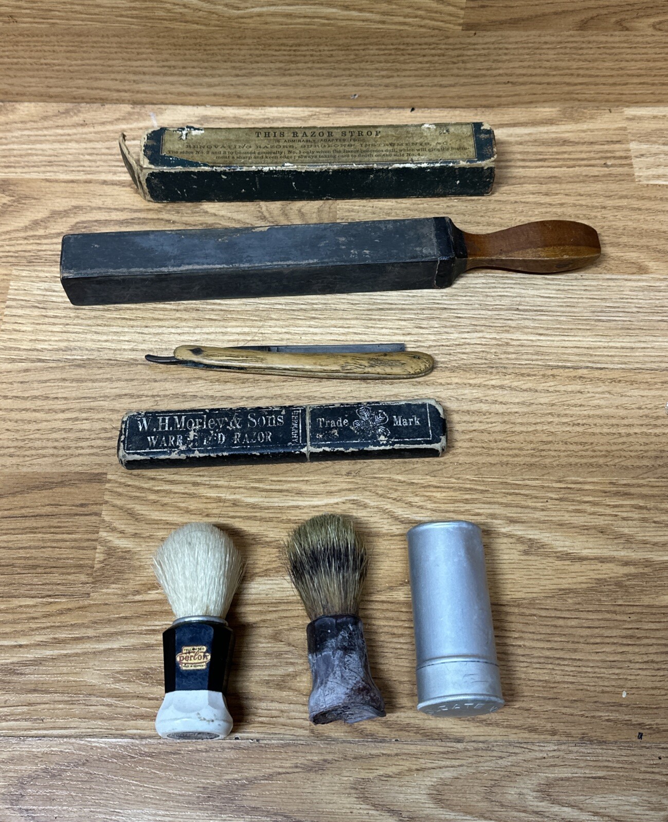 Lot of 5 Antique Shaving Items Razor Strop, Straight Razor, 