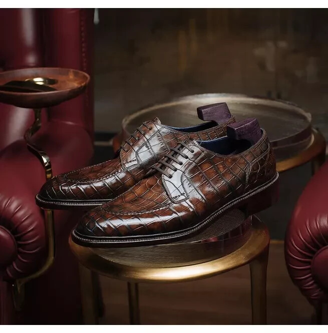 Handmade Men Tan Crocodile Texture Leather Formal Lace Up Business Dress  Shoes