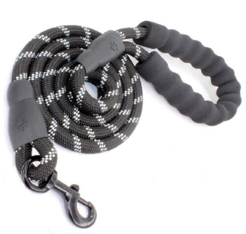 LAISSE CHIEN corde nylon noir solide poignée rembourrée réfléchissante 150 cm - Photo 1/4