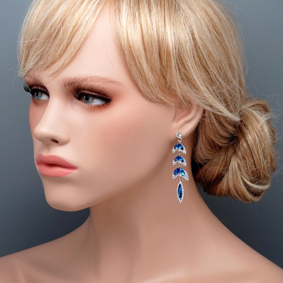 Pendientes colgantes cristal azul estrás borla enchapada en plata hoja mujer joyería Foto 2 de 4