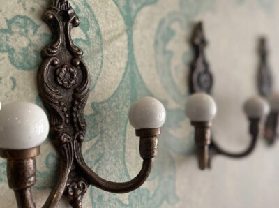 Pair  Vintage Brass Hooks White Porcelain Ends | Double Hook for Towels Hat Coat