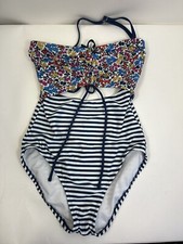 Time True One Piece Swimsuit Women's Sz S 4-6 Multi Floral Top/Blue Striped