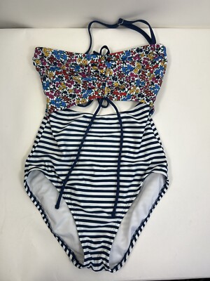 Time & True One Piece Swimsuit Women's Sz S (4-6) Multi Floral Top/Blue Striped