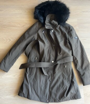 DKNY Womens Faux Fur Hooded Full-Zip Brown Parka Jacket Long Coat