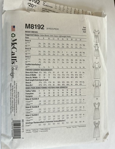 MCCALLS PATRÓN DE COSTURA M8192 VESTIDOS FALTAN TALLAS 16 18 20 22 24 SIN CORTAR NUEVO FF - Imagen 4 de 4