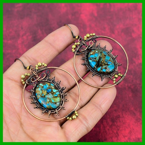 Copper Natural Copper Chrysocolla Wire Wrapped Drop Trendy New Earrings Jewelry