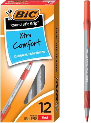 BIC Round Stic Grip Xtra Comfort Ballpoint Pen, Medium Point (1.2mm), Red