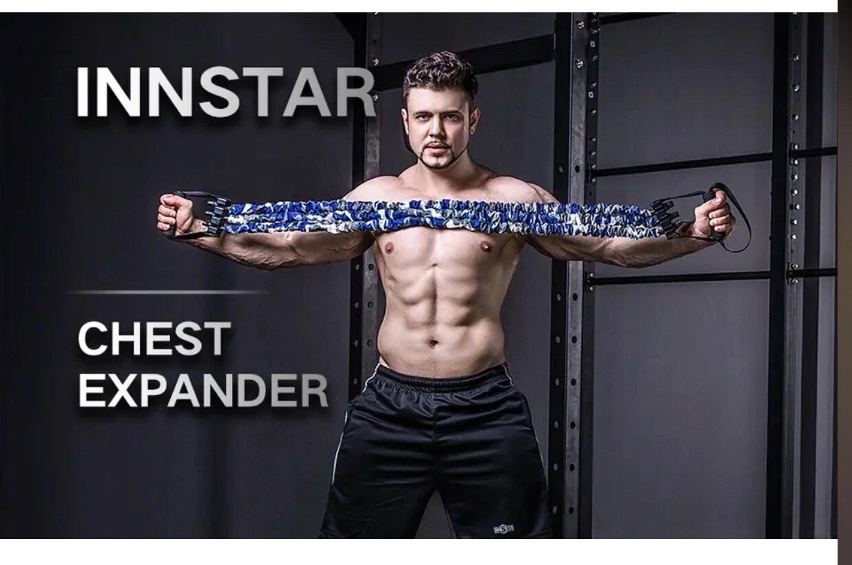 Innstar 60KG Chest Expander 3 Ropes Resistance Bands Camo Blue For Beginner U.K.