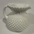 Vintage Fenton White Hobnail Milk Glass Pitcher with Ruffled Rim with Handle