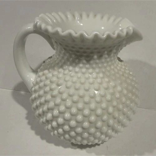 Vintage Fenton White Hobnail Milk Glass Pitcher with Ruffled Rim with Handle