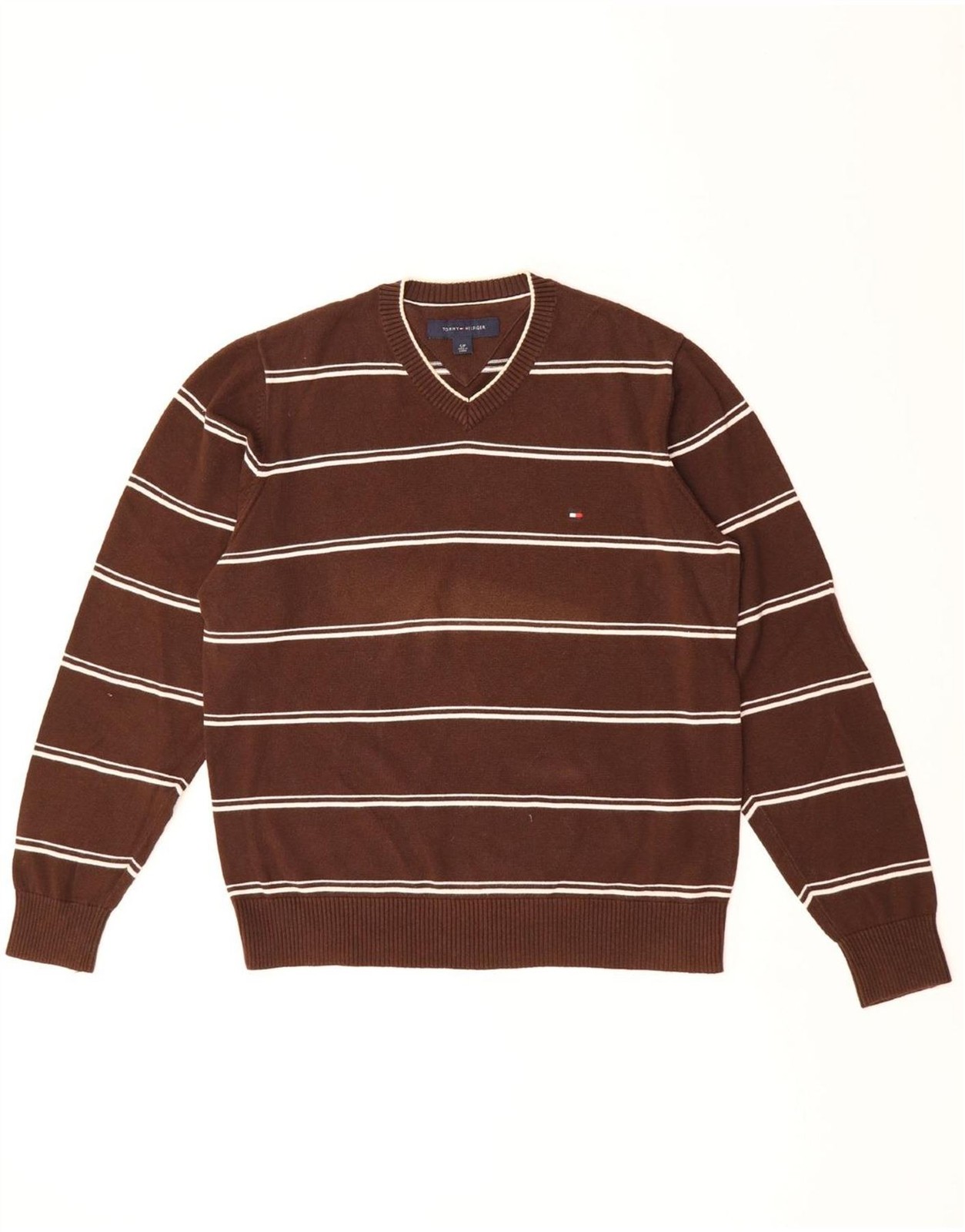 TOMMY HILFIGER Mens V-Neck Jumper Sweater Small Brown Striped Cotton DJ17