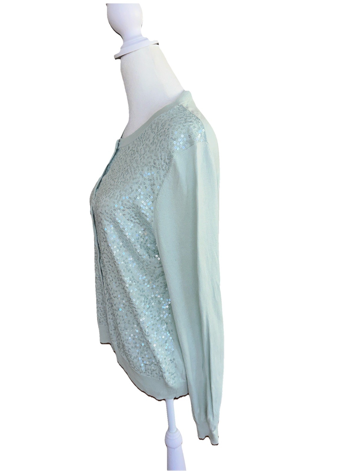 Talbots Petite Large Mint Sequin Front Button Swe… - image 5