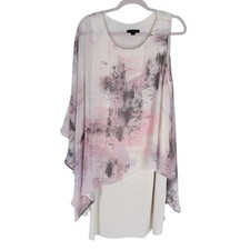 H by Halston Layered Tunic Womens Size 1X Ivory Pink Asymmetrical Flowy