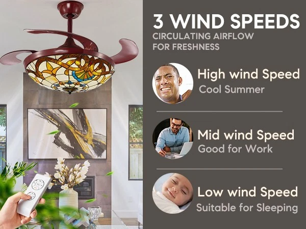 42" Tiffany Ceiling Fan Light Stain Glass Chandelier Remote 3-Color LED 3-Speed - Image 4 of 4