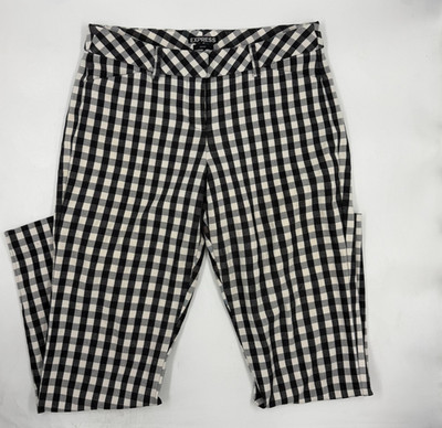 Express Women's Editor Pants 0R Black White Gingham Cotton Blend Straight Leg