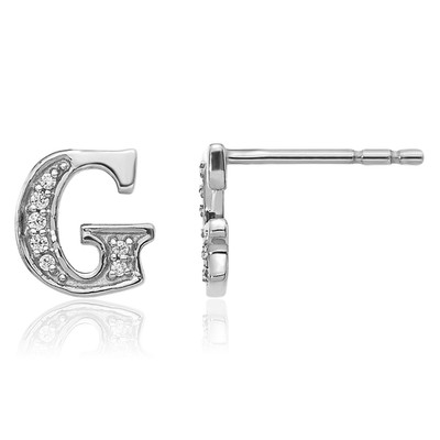 14K Solid White Gold 0.05 ct Diamond Large Letter G Initial Stud Earrings 8mm