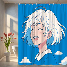 Cute Blue Shower Curtain with Cartoon Character Design