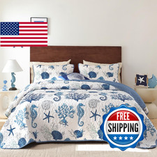 Djoymock Coastal King Size Quilt Set 3 Pcs, Summer Blue Beach Theme Quilts with
