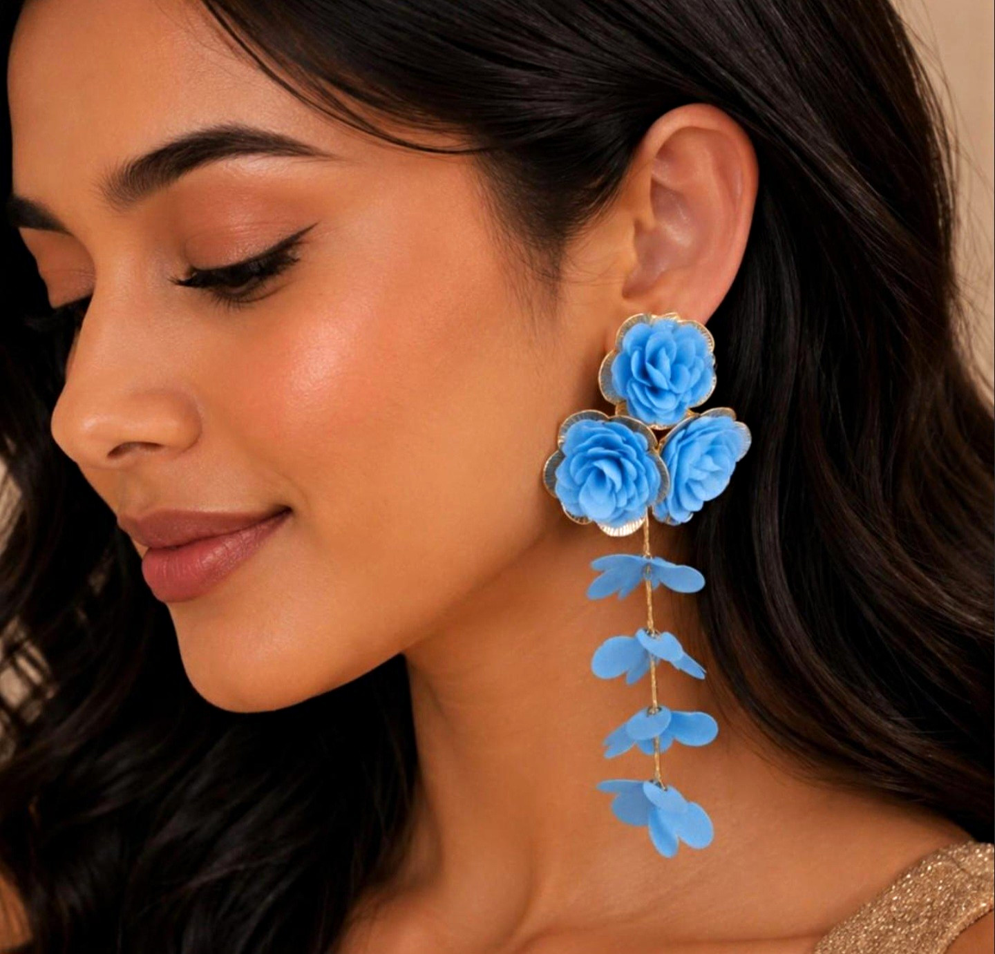 Light Blue Floral Flower Fabric Metal Dangle Drop Earrings Push Back Lobe