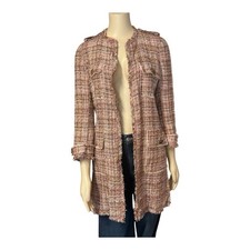 Zara Pink Tweed Metallic 3/4 Sleeve Blazer Coat Jacket Womens XS Frayed Edge