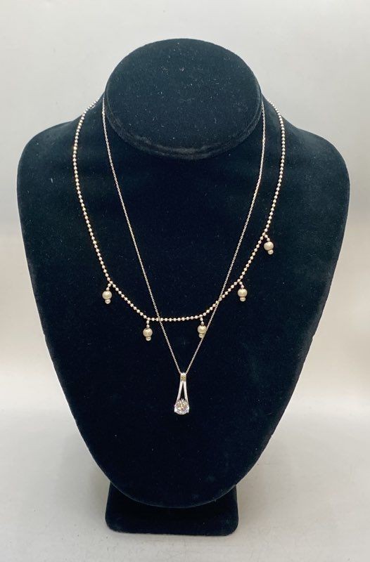 Sterling Silver 925 CZ Solitaire Pendant & Bead Dangle Necklace Set 17" 18" 7.9g