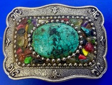 Faux Turquoise Cabochon 30x40 Stone Centerpiece on MultiColor Chunky Belt Buckle