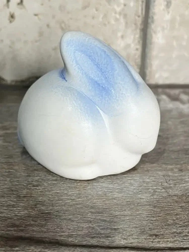 Van Briggle Pottery Bunny Collectible 3" x 3 1/4" White with Blue
