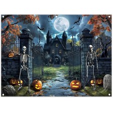 8x6ft Fabric Castle Halloween Backdrop Full Moon Night Scary Skeleton Pumpkin