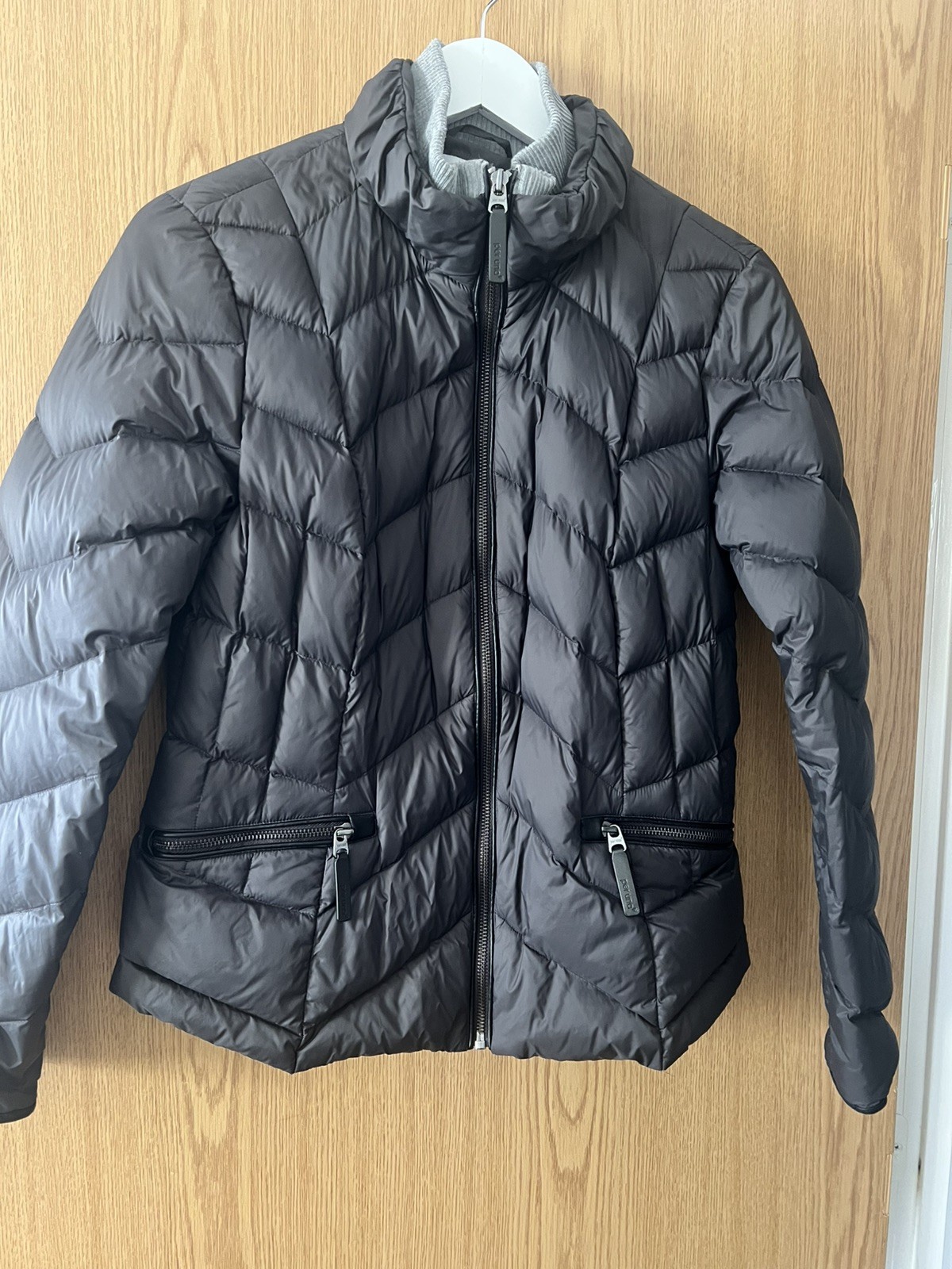 Per Una Down Feather Puffer Jacket Size 12 Coat Charcoal Grey Zip Pockets VGC