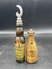 2 OLD MR BOSTON WHISKEY WOODEN BOTTLE SHAPED BEER BOTTLE OPENERS